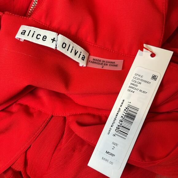 Alice + Olivia Holly Ruffle Tiered Asymmetric High Low Red Maxi Dress Sz 2 - Picture 10 of 11